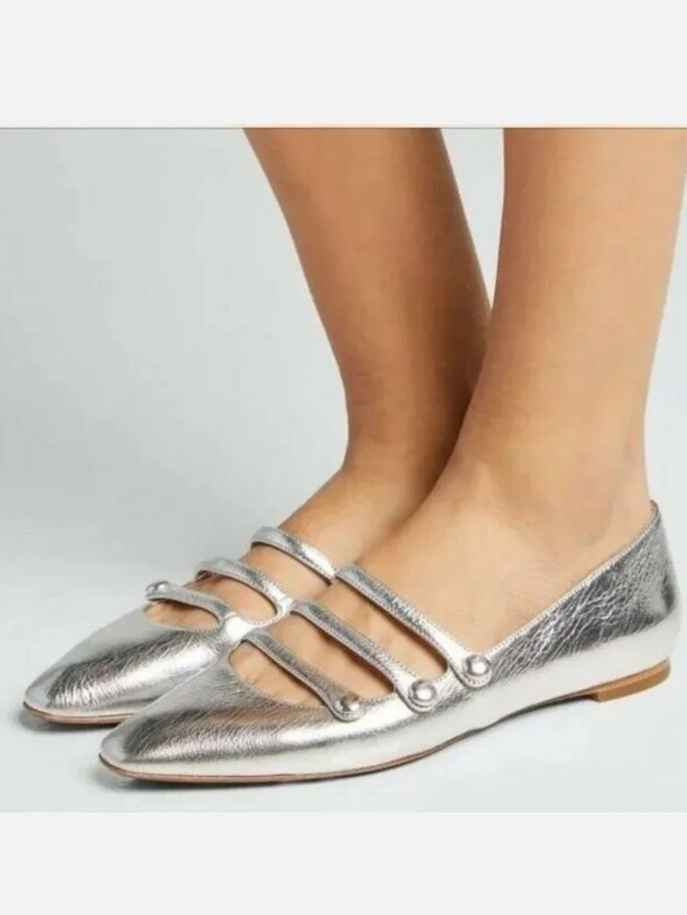 Veronica Beard Metallic Silver Crinkle Triple-Strap Mary Jane Flat Size 10 US 54 - Picture 1 of 16